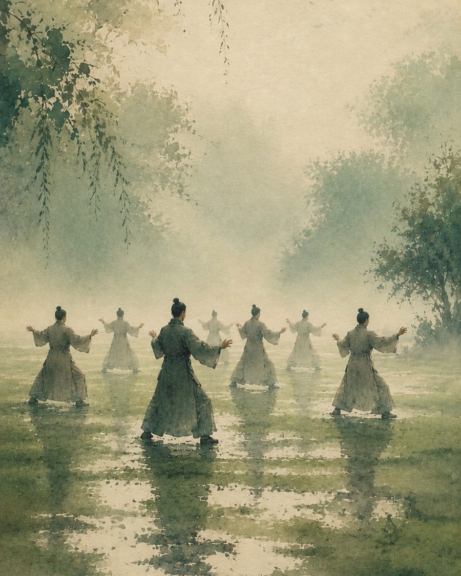 People practising qigong together in the morning mist